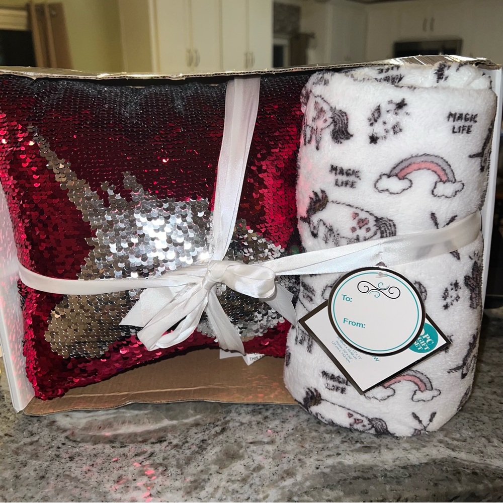 Posh Home Sequin Pillow & Printed Throw Gift Set New NIB Unicorn